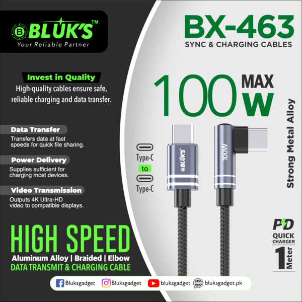 BLUK’S BX-463 High-Speed 100W Type-C to Type-C Elbow Design Fast Charging