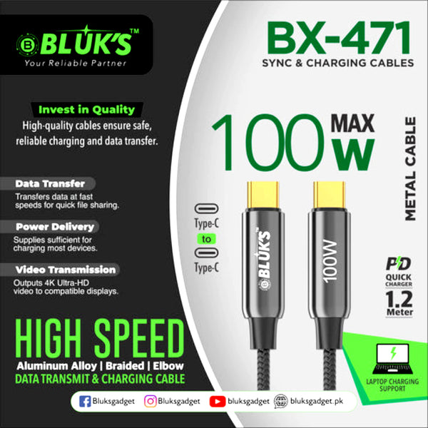 BLUK’S BX-471 High-Speed 100W Type-C to Type-C Fast Charging