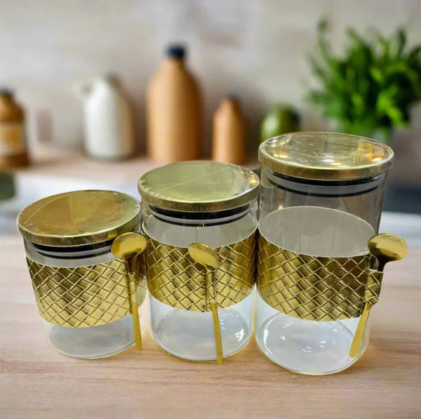 NEW LUXURY AIRTIGHT GOLDEN JAR WITH SPOON