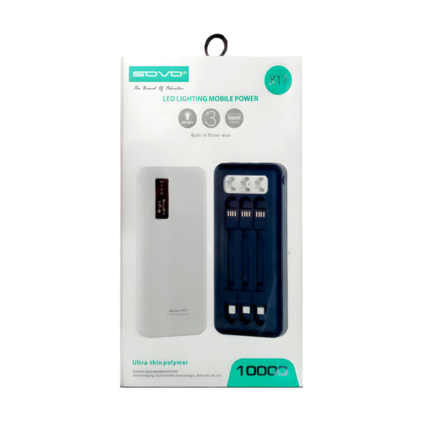 Sovo X17 10000mAh Capacity Power Bank With Built-In 3 Cables And LED Flashlight