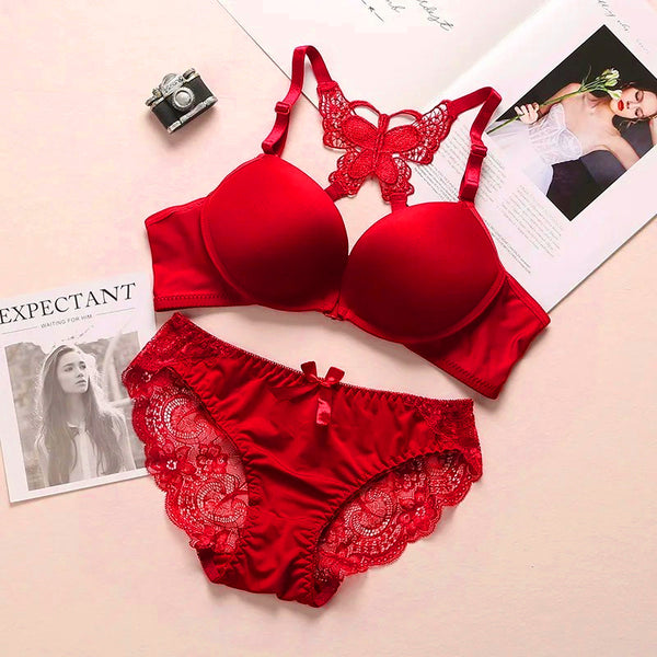 Elegant Butterfly Back Front-Closure Push-Up Bra & Panty Set for Women